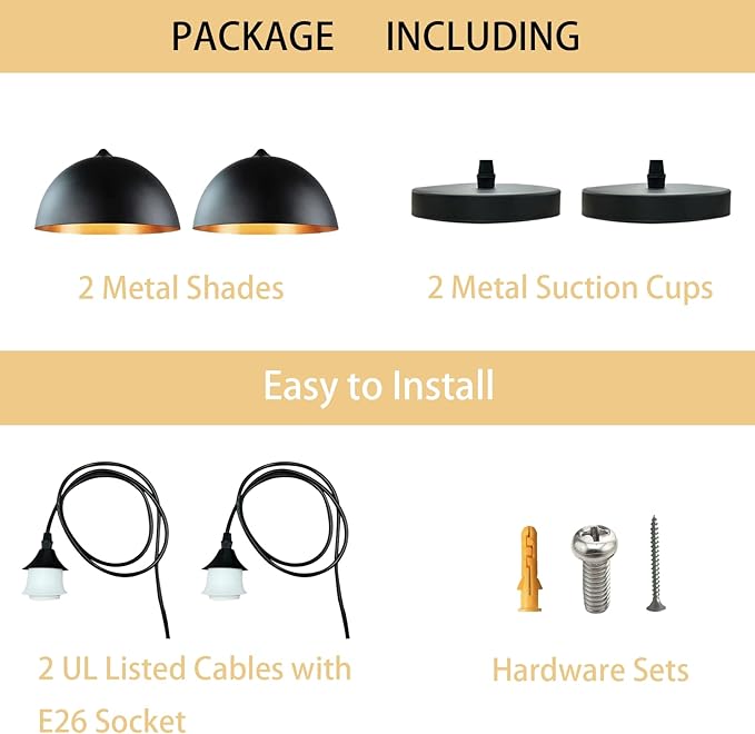 takor 2 Pack Metal Pendant Light Fixtures, Rustic Ceiling Lights, Industrial Adjustable Hanging Lamp with E26 Base, Farmhouse Pendant Lighting for Kitchen Island, Bedroom, Black(Bulb Not Included)
