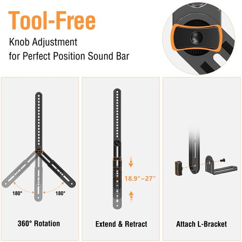 ELIVED Soundbar Mount, Sound Bar TV Bracket, for Mounting Above or Under TV, Fits Most Sound Bars Up to 15 Lbs, Tool-Free Knob Adjustable, for 23-90" tvs with Detachable Extension Arms and L-Brackets