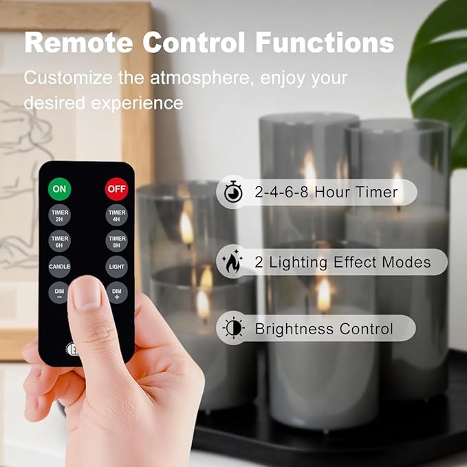 Rechargeable Flameless Candles, Realistic Flickering LED Flame,Real Wax Candle with Remote Control and Timer, Clear Glass Electronic Candles, 1 Set of 5(Gray)
