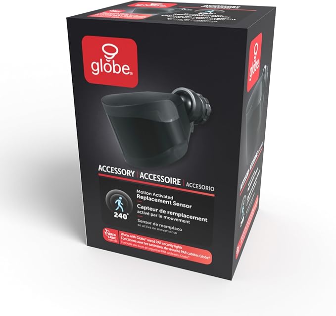 Globe Electric 240° Motion Sensor Replacement, MotionBright 2-Level Lighting, Adjustable SENS Dial, Manual Mode, Black Finish, Outdoor Security Light, 17000184
