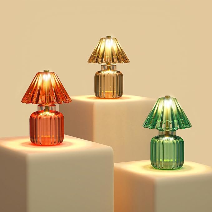 Small Battery Operated Lamp with Timer, Tiny Cordless Glass Table Lamp for Home Decor, Kitchen, Bathroom, Birthday Gift for Women, Jelly Amber