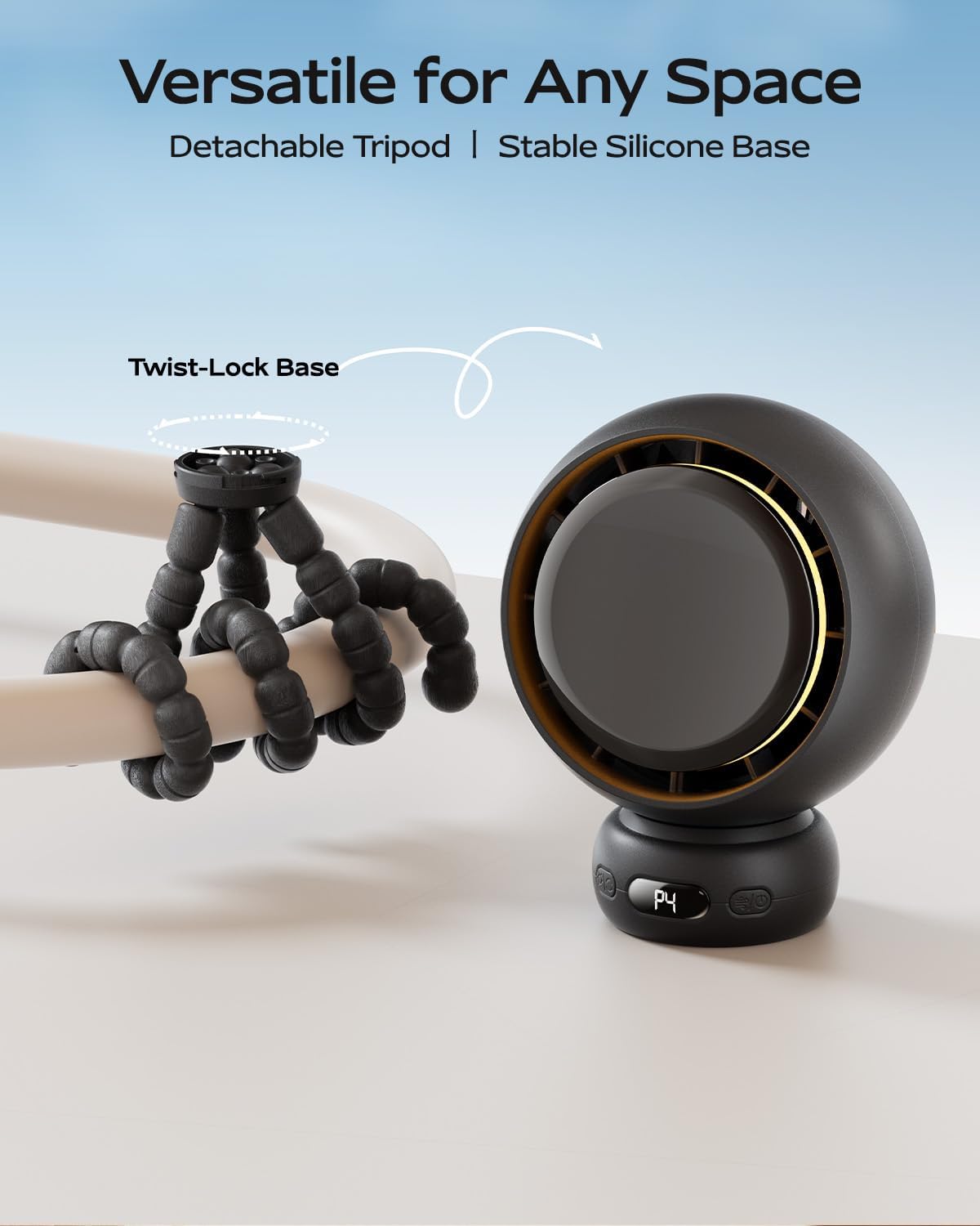 Mini Portable Stroller Fan - USB-C Rechargeable, 60° Auto Oscillation, 4 Speeds, Night Light & Flexible Tripod (Black)
