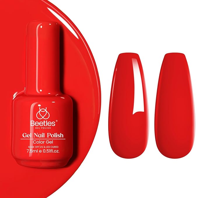Beetles Red Gel Polish - 15ml/0.51 FL.OZ, Scarlet Red Gel Nail Polish, Soak Off UV LED Nails Art, Long-Lasting Manicure Salon DIY Home