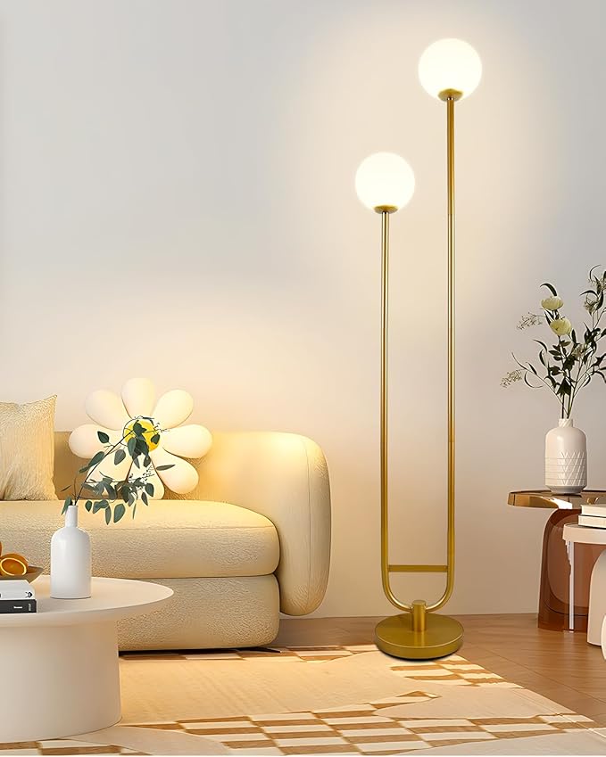 63IN Dimmable Floor Lamp with Shelf, Unique Globe Gold Tall Standing Lamps with 2 Bulbs, 3000K Warmwhite Mid Century Modern Floor Lamp for Living Room/Bedroom