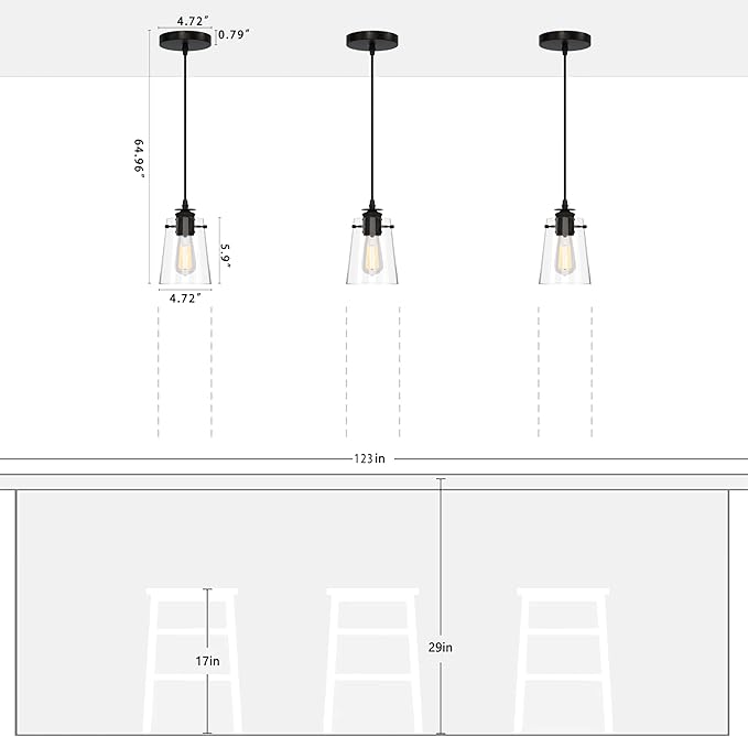 Pendant Lights Kitchen Island, Modern Industrial Pendant Light Fixtures with Glass Shade, E26 Socket Adjustable Cord for Dining Room, Bedroom, Living Room, Farmhouse Pendant Lighting 2Pcs
