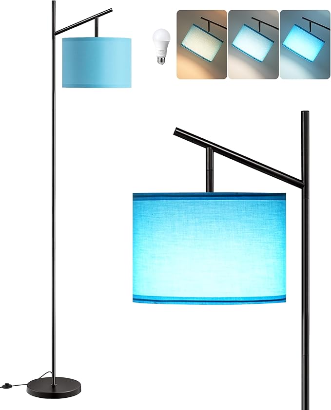 EDISHINE Modern Floor Lamps for Living Room, 64.7" Minimalist Standing Lamp with 3 Color Temperatures Bulb & Adjustable Linen Shade, Foot Pedal Switch, Arc Tall Lamp for Office Bedroom, Blue Shade