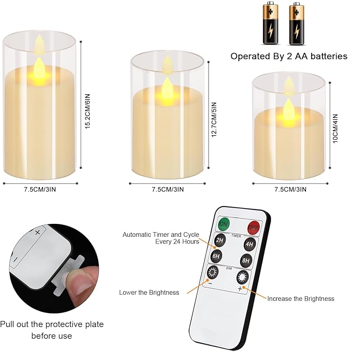 Flameless Candles 4" 5" 6" Set of 3 Acrylic Glass Pillars 3" Diameter Battery Operated Flickering Candles Include 8-Key Remote with Timer Function 400+ Hours (Pure White, 3 Pack)