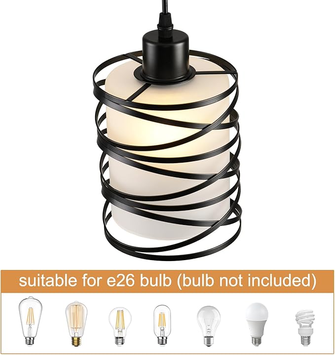 3 Pack Pendant Light Kitchen Island Pendant Lighting, Hanging Light with Spiral Cage Frosted Glass Shade, Black Modern Indoor Hanging Lamp