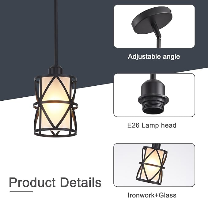 3 Pack Pendant Light Kitchen Island Pendant Light, Stem Rod Hanging Light with Spiral Cage Frosted Glass Shade, Black Modern Indoor Hanging Lamp