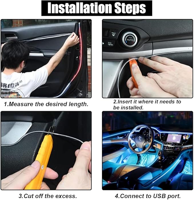 EL Wire Interior Car LED Strip Lights, USB Car Neon Light Strip with Sewing Edge, 16FT Neon Light 5V with Fuse Protection, Electroluminescent Car Indoor Decorations (Blue)
