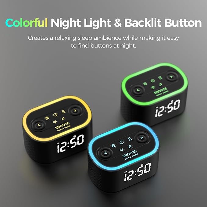 Reacher Digital Alarm Clock & White Noise Sound Machine, 21 Soothing Sounds, 7 Wake Up Sounds, 8 Night Lights, 32-Level Volume, 9 Sleep Timer, Memory Function for Kid, Adult, Bedroom, Nightstand