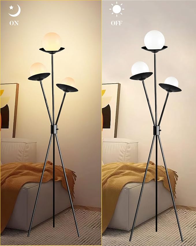 3 Globe Dimmable Tripod Floor Lamp, Mid Century Tree Floor Lamps with 3Pcs 3000K Bulbs Included, Modern Standing Tall Lamp for Living Room Bedroom Home Office Corner-Black