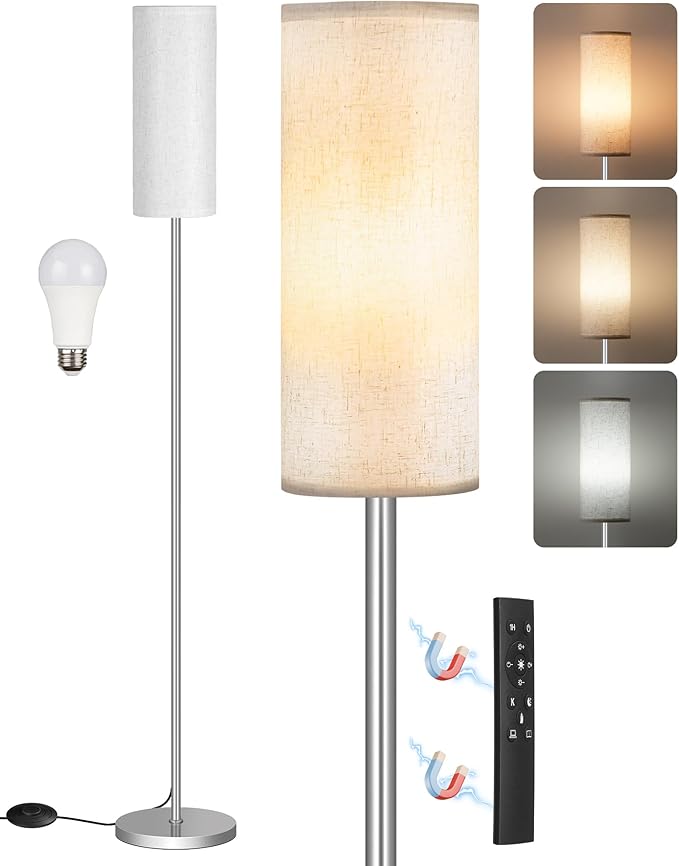 Dimmable Floor Lamps for Living Room with Remote and Foot Switch, 64.4” Modern Standing Tall Lamp, Corner Lamp for Office, Bulb Included, 3000K-6500K, Silver and Off-White SW06LD05W1
