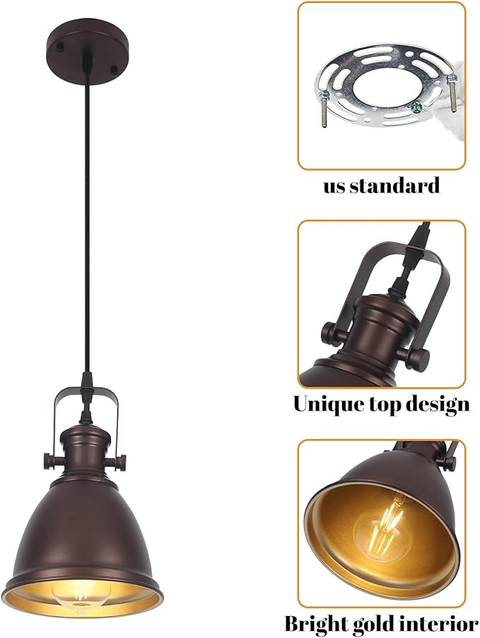 Brown Farmhouse Pendant Lights Kitchen Island 2 Packs, 6.5 inches Kitchen Island Lighting, Industrial Pendant Light, Kitchen Pendant Lighting Over Island Sink Dining Room