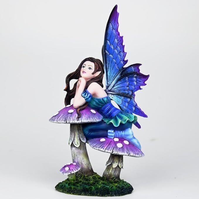 Fantasy Mushroom Fairy Figurine, 6.1 Inch Blue-Purple Gradient Elf Statue, Hand-Painted Resin Decor with 3D Mushroom Base for Fairy Garden, Desk, Living Room Display