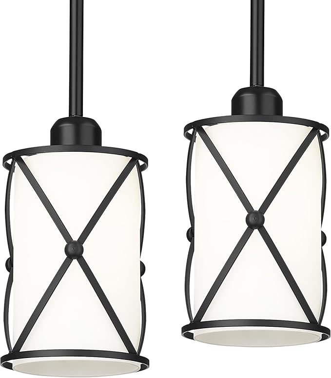 Glass Pendant Lights Kitchen Island, 2 Pack Modern Black Pendant Light Fixtures with Frosted Glass and Rod, Mid Century Cage Pendant Light for Kitchen Sink Dining Room, CH9176BKW-2PK