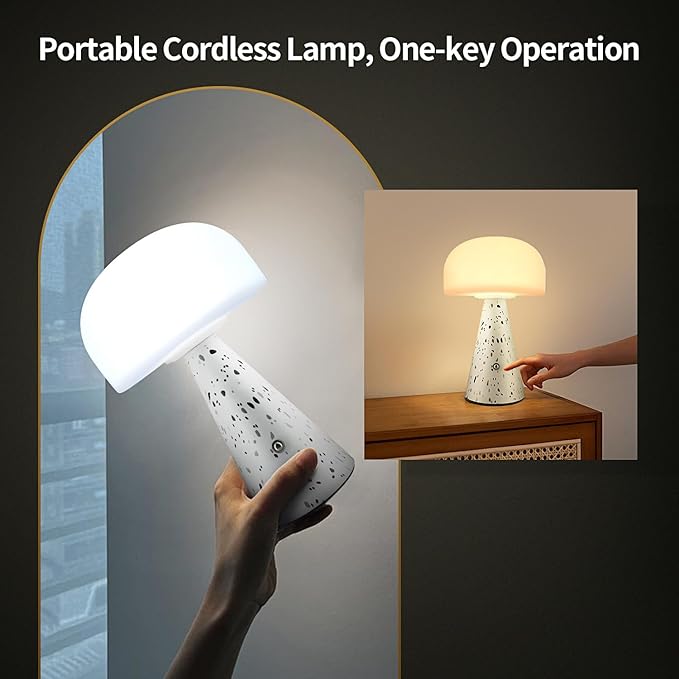 Levigo Cute Mushroom Table Lamp with Touch Switch, Natural Style Portable Cordless LED Dimmable Soft Light Lamp (Black)
