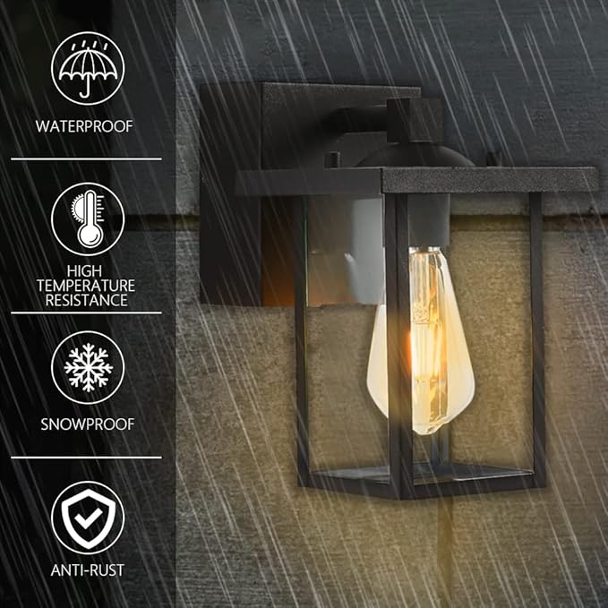 Outdoor Lights with GFCI Outlet, Black Front Porch Lights, Exterior Lighting Fixture with Outlet, Waterproof Outdoor Wall Sconce Wall Mount for House Garage, Patio, 2 Packs