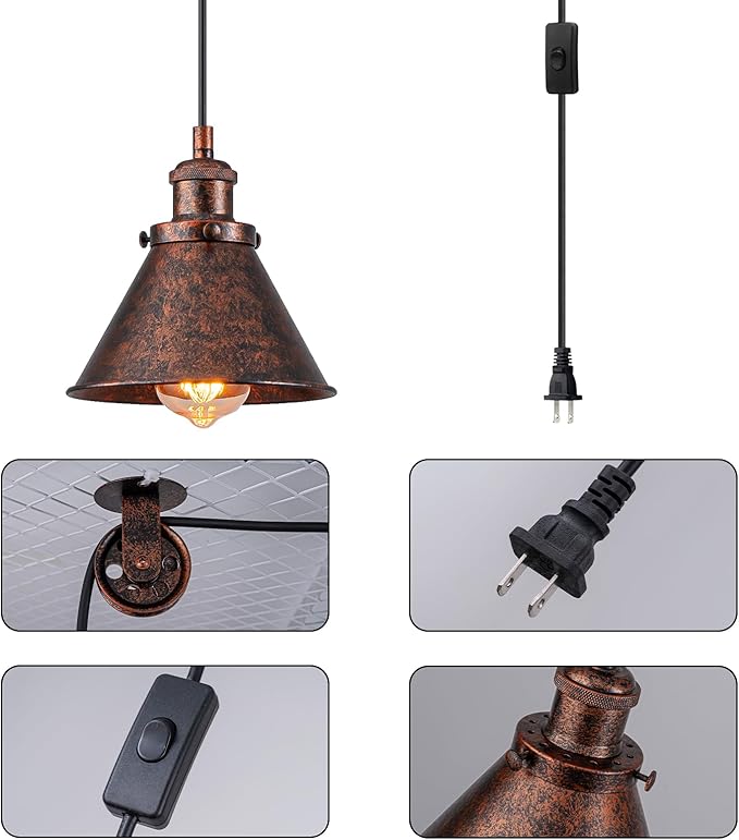 Plug in Pendant Light, On/Off Switch, 7.1 in. Hanging Light Fixture with Rustic Cone Shade, Rusty Pendant Light, 16.4ft Hanging Lights with Plug in Cord for Bedroom, Kitchen, Living Room
