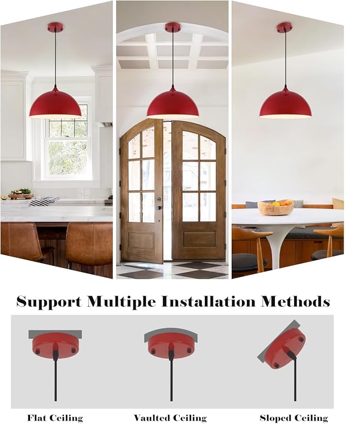 Red Pendant Lights Kitchen Island 2 Pack, 14 Inch Large Dome Pendant Light, Red Farmhouse Pendant Light, Island Pendant Lights for Kitchen, Dining Room, Cafe