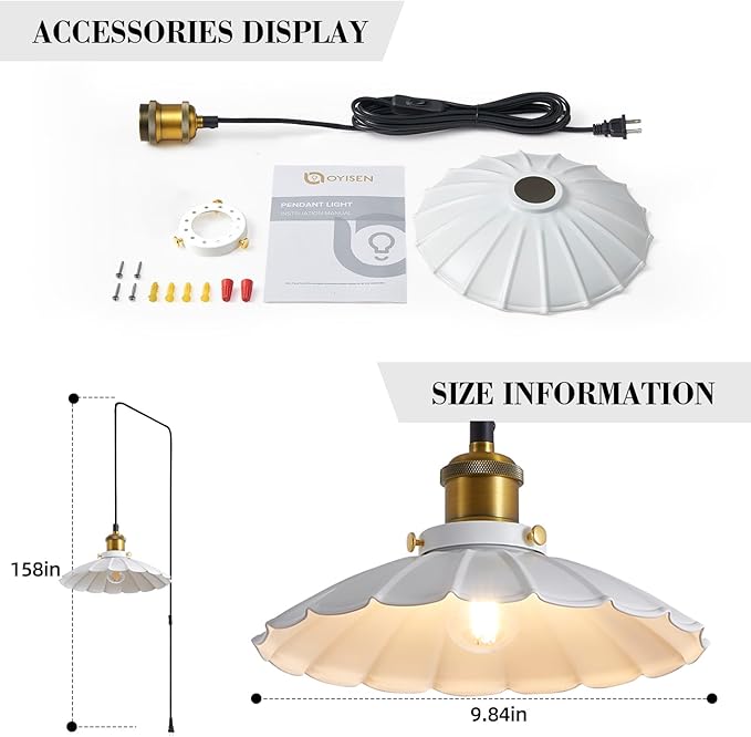 Plug in Pendant Light Industrial 9.8 Inch White Lampshade Kitchen Island On/Off Switch Hanging Lamp Plug in Adjustable 14Ft Cord Hanging Lights for Bedroom and Living Room 2Pack