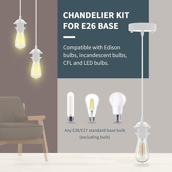 Industrial Mini Pendant Light Kit, Edison Retro Pendant, UL E26 Lamp Socket Vintage Pendant Light Cord, Mini Ceiling Hanging Light Fixtures, Adjustable Hanging Light Kit for Kitchen (White)