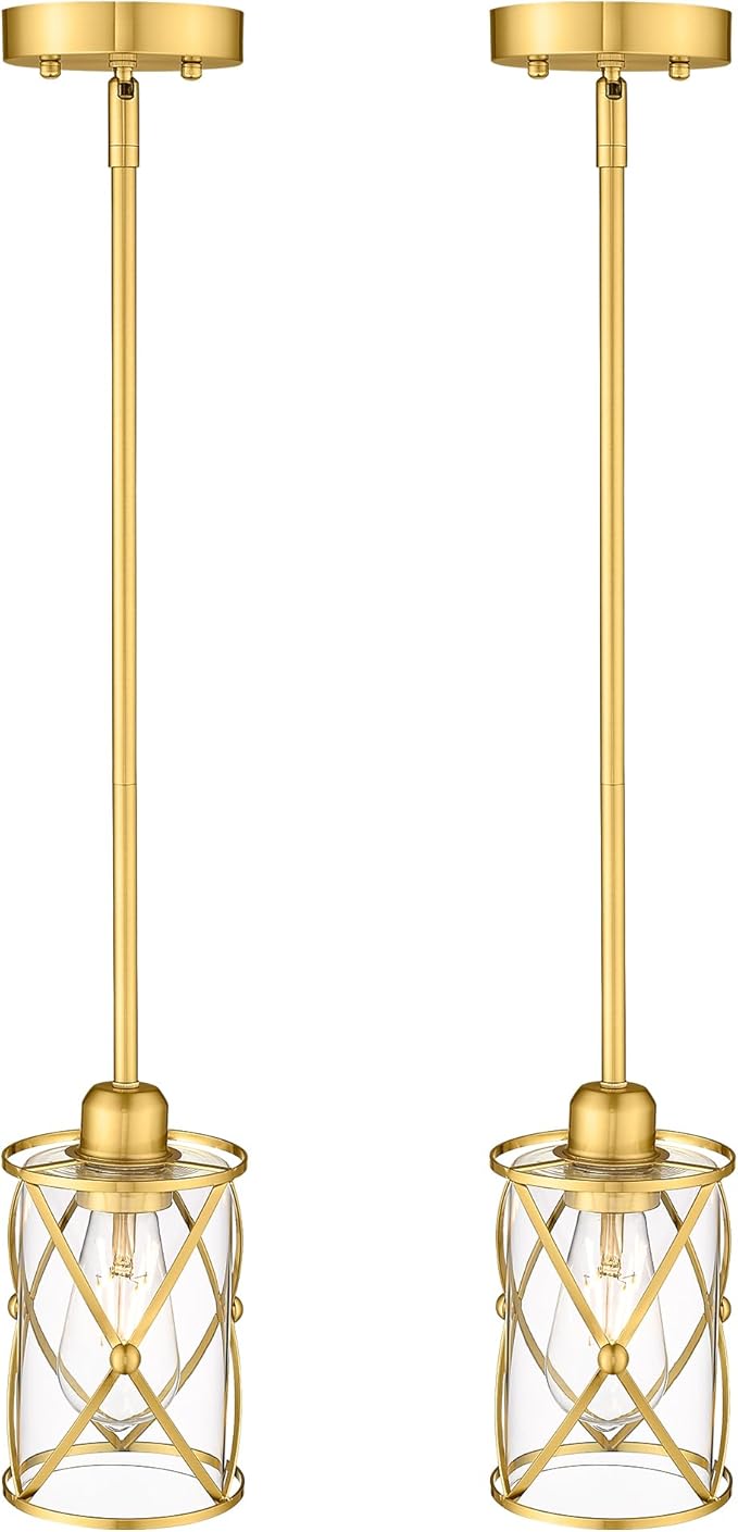 Brushed Gold Pendant Lights Kitchen Island, 2 Pack Brass Glass Pendant Light Fixture Farmhouse Cage Hanging Lighting with Rod for Kitchen Island Sink Bathroom, CH9176BG-2PKG