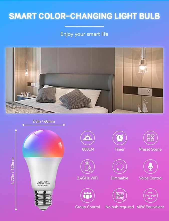 Smart Light Bulbs, WiFi & Bluetooth 5.0, Work with Alexa Google Assistant, App Control, Color Changing LED Bulb,E26 800LM Dimmable RGB Lights, Smart Home Lighting, Dimmable, 4Pack with Remote