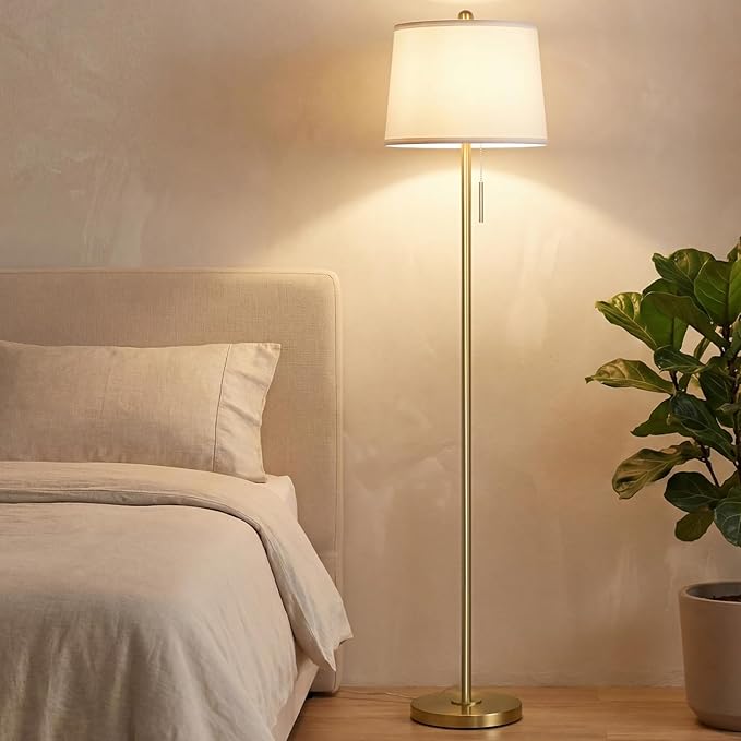 Gold Floor Lamps for Living Room, 63in Modern Standing Lamp 3 Way Brightness Dimmable with White Linen Shade Metal Base Tall Pole Light for Bedroom Reading Office Corner Nursery 8W LED Bulb Included