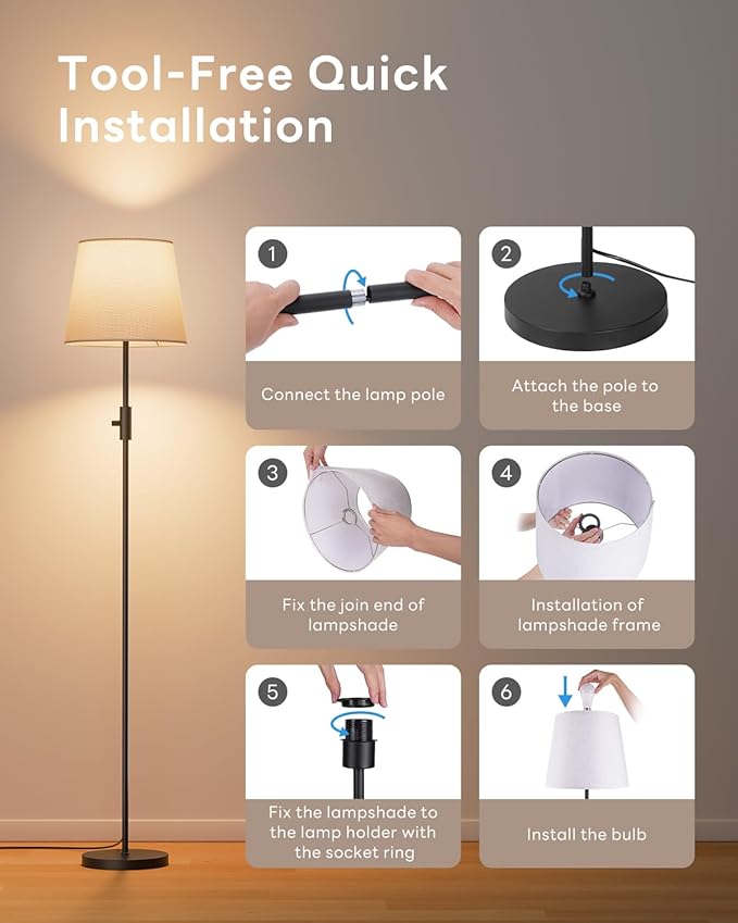 Dimmable Floor Lamp, 1200 Lumens RGBCW Color Change Bulb Included, Standing Lamp with Linen Shade, 62" Tall Lamp with Remote for Living Room, Bedroom, Office, Dining Room, Kitchen, Black