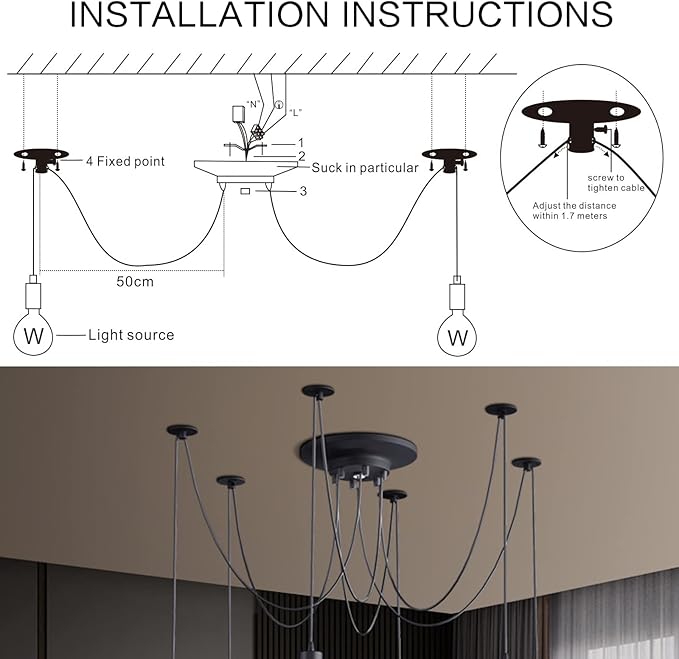 Fuloon Vintage Edison Multiple Ajustable DIY Ceiling Spider Lamp Light Pendant Lighting Chandelier Modern Chic Industrial Dining with Romote Control (6 Head Cable 200cm/78.7inch Each)