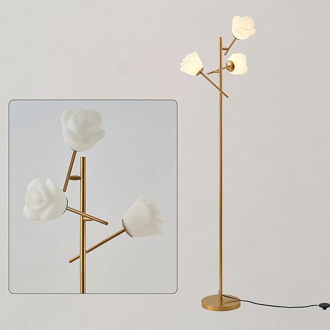 Fiqevs Mid Century Modern Floor Lamp with 3 Adjustable Flower Shade - Floral LED Standing Light with Foot Switch & Light Bulb, Sputnik Tree Lamp for Living Rooms Bedrooms - Antique Brass/Gold
