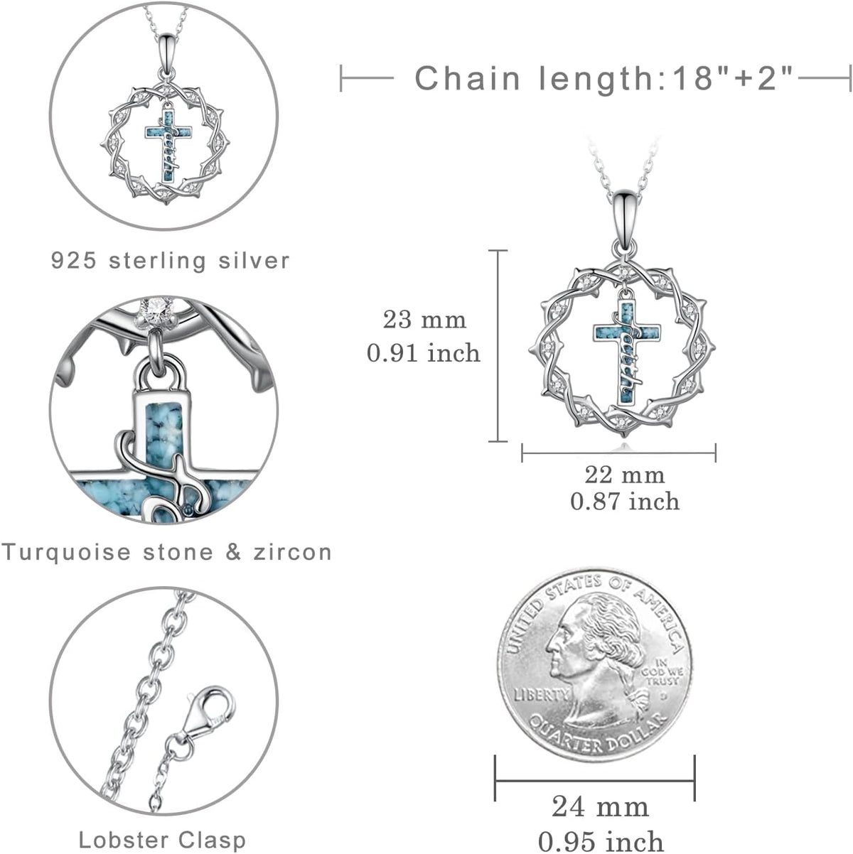 Regine Switzerland 925 Sterling Silver Cross Necklace - Turquoise Crown of Thorns Pendant for Women