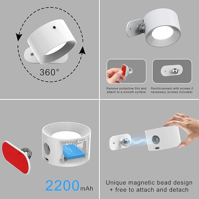2PACK Romote LED Wall Sconce - Rechargeable Wall Light, 3 Colors & 3 Brightness Levels, 360° Magnetic Rotating Head, Bedside Reading Lamp, Easy Install Battery Operated Wall Lamp Black