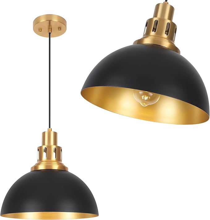Black Farmhouse Dome Pendant Lights, Vintage Industrial Pendant Light Fixtures, Height Adjustable Pendant Lighting for Kitchen Island, Dining Room Foyer Entryway Bedroom 2-Pack