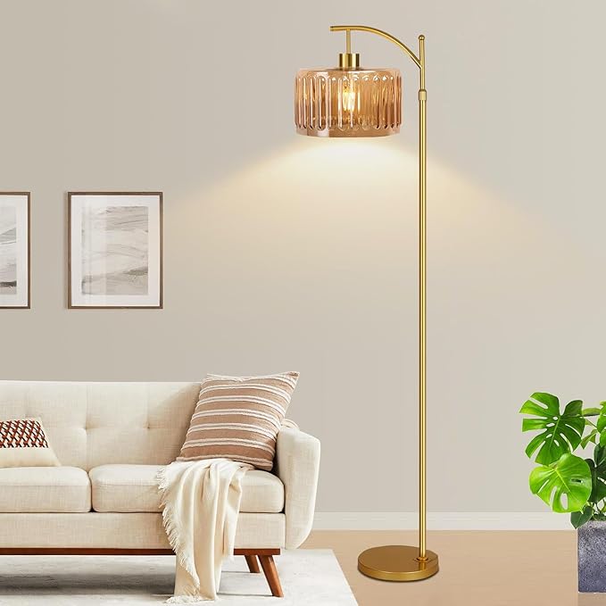 Floor Lamp for Living Room,Bedroom,Gold Dimmable Standing Lamp with Remote,Mid Century Modern Brass Tall Lamp Retro Vintage Glass Lamp Floor Light Boho Bohemian