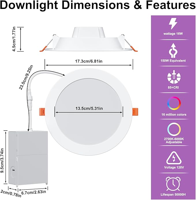 Smart Recessed Lighting 6 Inch RGBCW Color Changing 16W LED Downlight with Junction Box,1350 Lumen Recessed Ceiling Light Compatible with Alexa,Dimmable by Bluetooth Control -6Pack