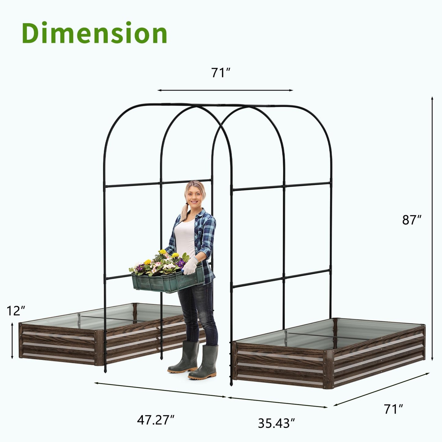 DoCred 3 in 1 Raised Garden Bed with 87in Tall Arch Trellis for Climbing Plants, Galvanized Planter Garden Box Outdoor for Gardening, Climbing Vegetables, Flower