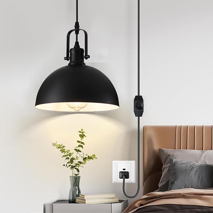 Plug in Pendant Light, Matte Black Haning Light with 19.68 ft Cord, Dimming Switch, Metal Farmhouse Hanging Lamps for Living Room, Kitchen, Dining Room, Bedroom 9.84"