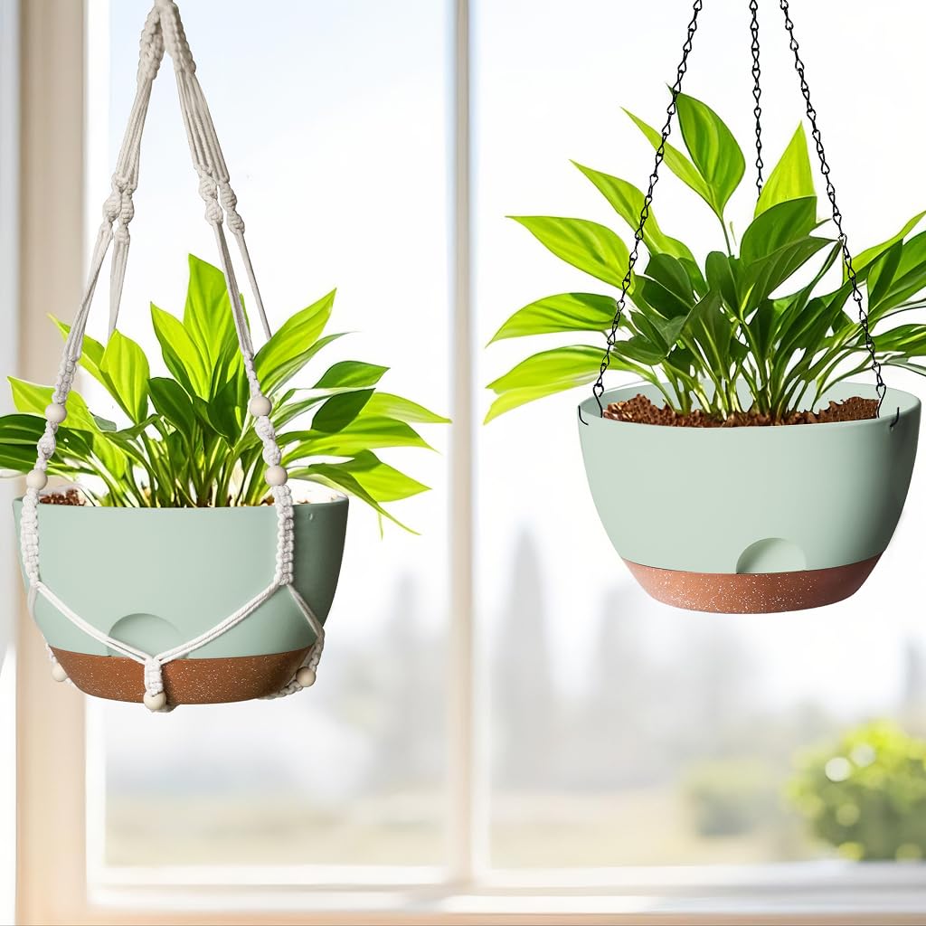 LESOASIS 12 Inch Hanging Baskets for Plants Outdoor, Hanging Planters for Indoor Outdoor Plants, Hanging Planter with Self Watering, Hanging Flower Pots (Green Planter with Macrame + Iron Hangers)
