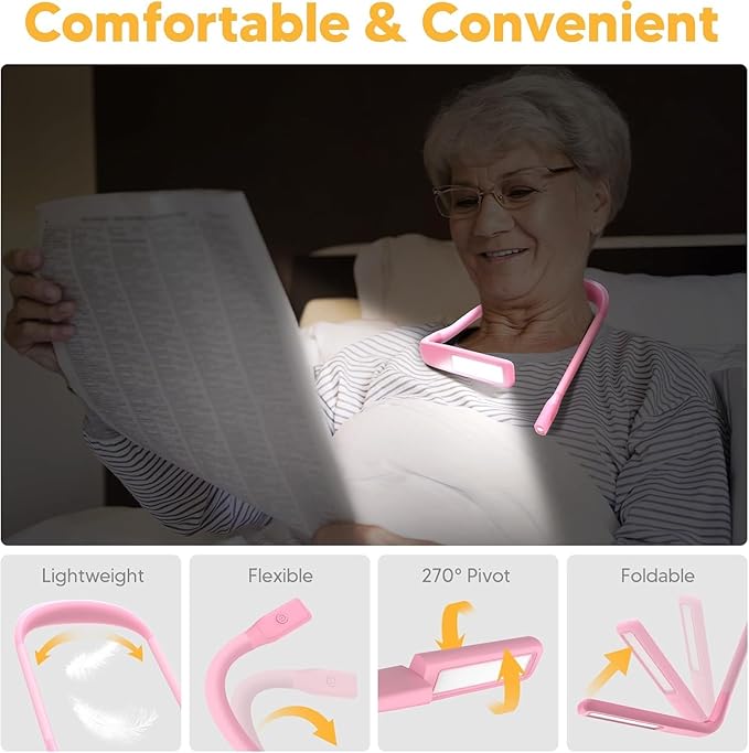 Pink Neck Light with Storage Case, Mothers Day Gifts for Wife Women Book Lovers Knitters Crafters, 10-80Hrs Eye-friendly Book Reading Lamp Knitting Crochet Sewing Craft Light Rechargeable Adjustable