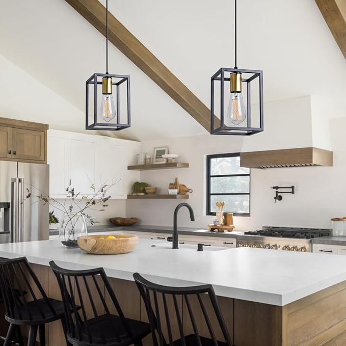 1 Pack Farmhouse Black and Gold Pendant Lights, Hanging Lamps for Living Room Entryway Foyer Indoor, Cage Lantern Kitchen Island Dining Room Light Fixture, Modern Matte Black Industrial Iron Light