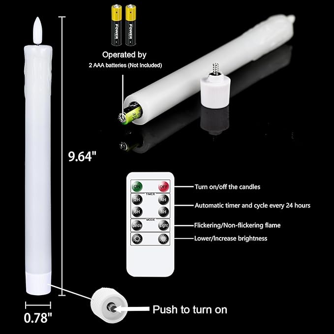 GenSwin Drip Wax Flameless Taper Candles Flickering with 10-Key Remote, Battery Operated Led Warm 3D Wick Light Window Candles Real Wax Pack of 6, Christmas Home Wedding Decor(White, 0.78 X 9.64 Inch)