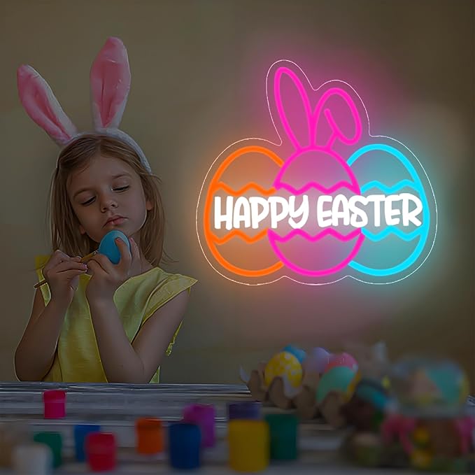 Happy Easter Neon Sign for Wall Decor Three Easter Egg Led Sign Bunny Neon Light Up Sign for Neon Wall Art Party Home Room Decor Gift for Kids