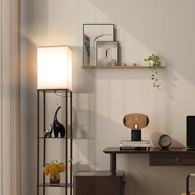 Floor Lamp with Shelves, Modern Square Standing Lamp with 3 Color Temperature Bulb, Corner Display Bookshelf Lamp for Living Room, Bedroom and Office(Brown-2 Pack)
