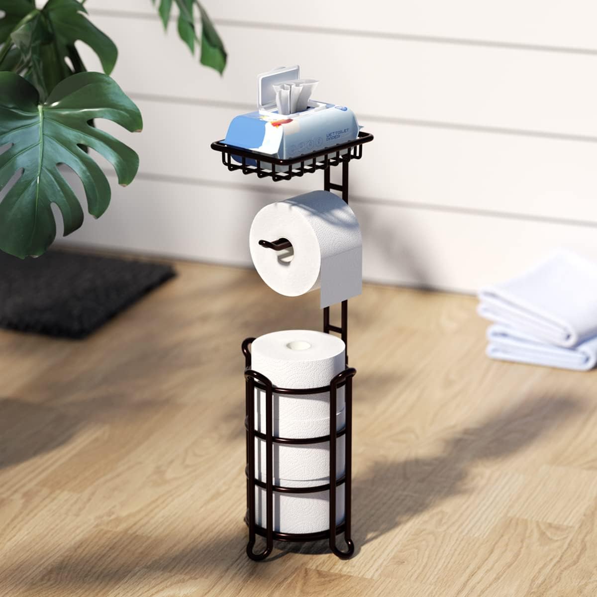 Regine Switzerland Toilet Paper Holder Stand - Stylish Tissue Roll Dispenser with Shelf for Mega Rolls - Bronze Finish