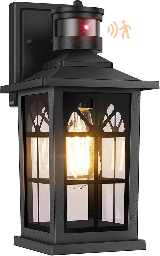 Motion Sensor Outdoor Light Fixture, Dusk to Dawn Porch Light Outdoor Wall Sconce Lantern, Aluminum Exterior Lighting Fixture Wall Mount, 3 Lighting Modes Outside Lights for House Front Door Garage