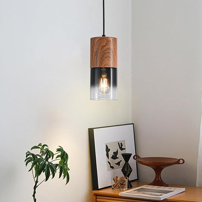 3-Pack Modern Pendant Lights for Kitchen Island, Adjustable Black Pendant Light Fixtures with Brown Wood Grain, Industrial Glass Pendant Lights for Dining Table Hallway Bedroom Living Room