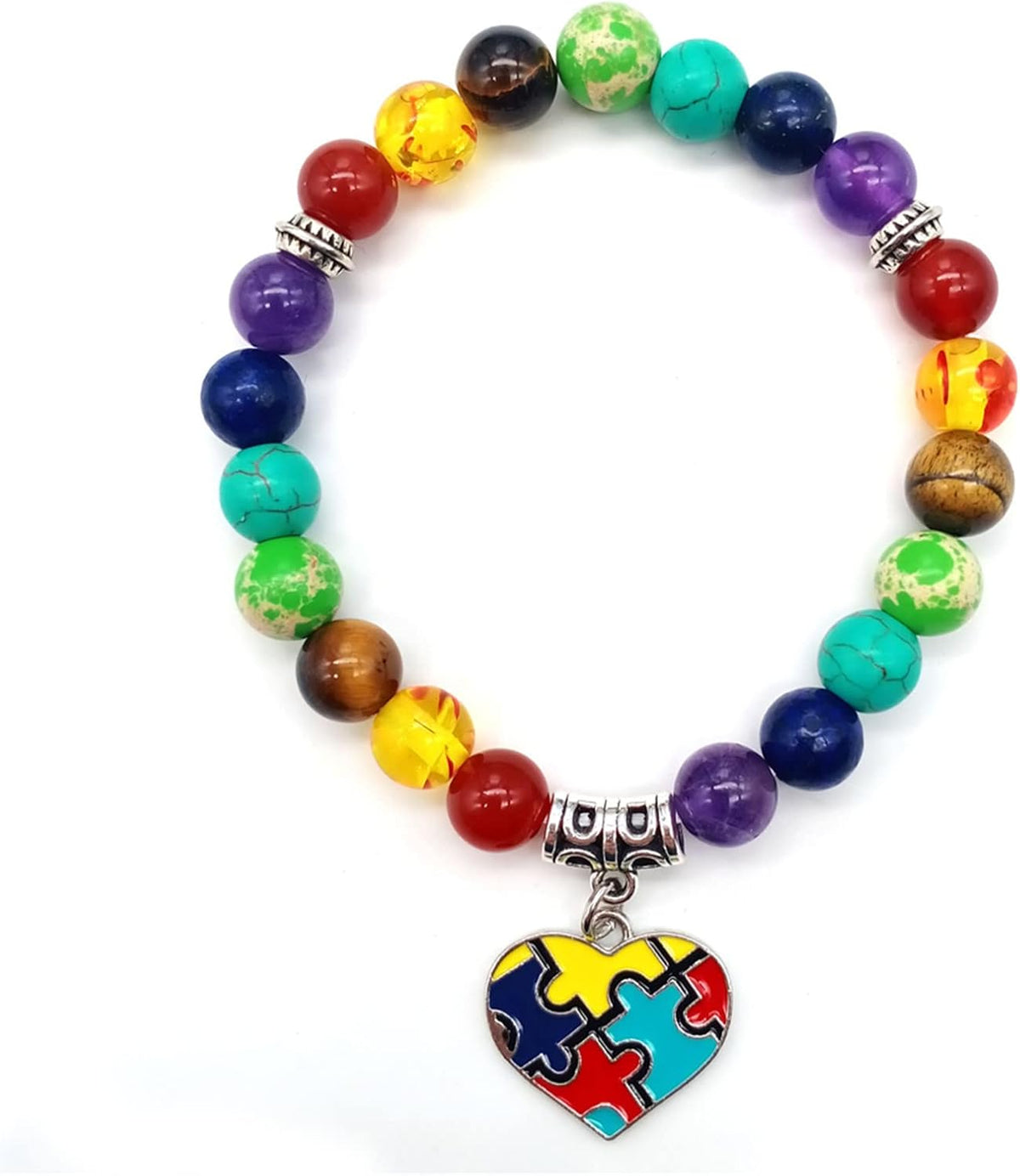 Regine Switzerland Autism Awareness 7 Chakra Gemstone Bracelet - Heart & Puzzle Design for Yoga & Meditation