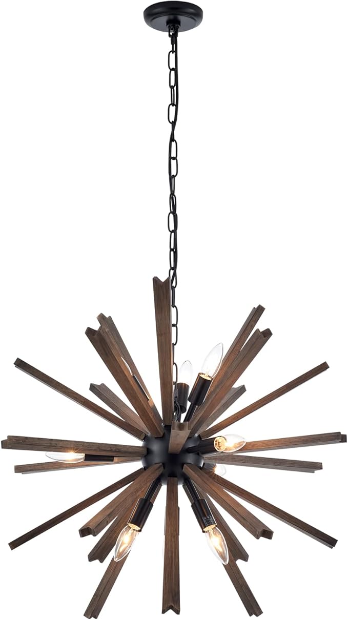 9-Light Sputnik Pendant Light Black, Farmhouse Wood Chandelier for Dining Room Industrial Hanging Light Fixture Ceiling for Bedroom Entryway Kitchen Foyer Living Room